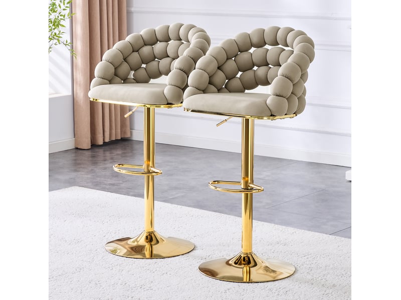  Tabouret de bar 2 pièces avec hauteur réglable, dossier à chaînes sphériques et structure métallique, en velours gris  - Conforama C