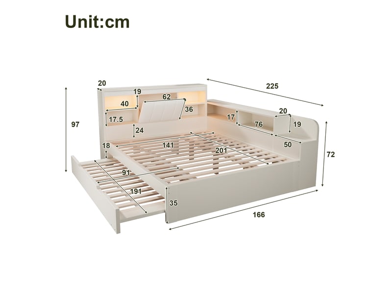  Lit gigogne 140 x 200 cm, sommier à lattes, cadre en bois, avec liseuses, ports usb et étagères, tête de lit en pu, blanc  - Conforama C