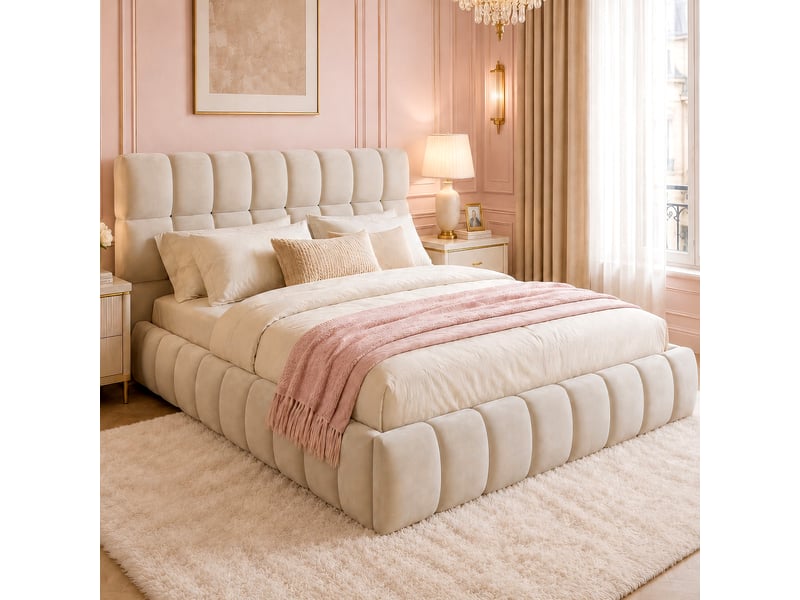  Lit double 140x190 cm pour adolescents, polaire avec tête de lit douce et bordure rembourrée, revêtement en velours, beige Bubbly - Conforama B