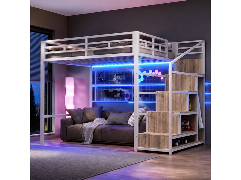  Lit mezzanine 140x200 cm blanc avec échelle-rangement, armoire et led 7 couleurs  - Conforama B