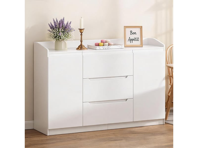  Commode blanc 3 tiroirs 2 portes meuble rangement 3 tiroirs, 2 portes, bois moderne 40 x 140 x 87 cm  - Conforama B