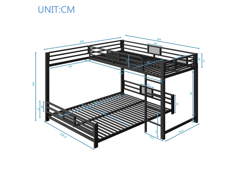  Lit superposé en métal en l 90x200 cm sur 140x200, lit 2 personnes, lit enfant, noir  - Conforama W