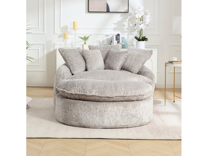  Fauteuil rond surdimensionné 138x190.5x63 cm, dossier large, coussins inclus, mousse dense, polyester, gris clair  - Conforama B