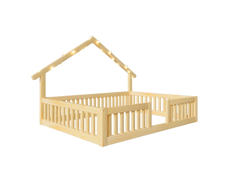 Lit cabane enfant 140x200 cm avec barrière et led, mdf et pin naturel, sans matelas - Conforama D