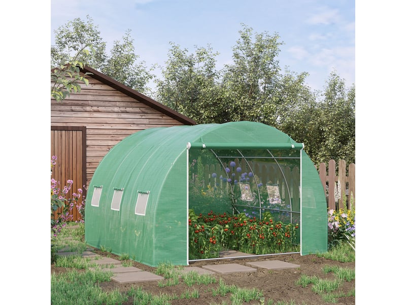  Serre de jardin 9 m² serre tunnel de jardin 3 x 3 x 2 m avec porte enroulable et 6 fenêtres en maille en acier pe vert  - Conforama D