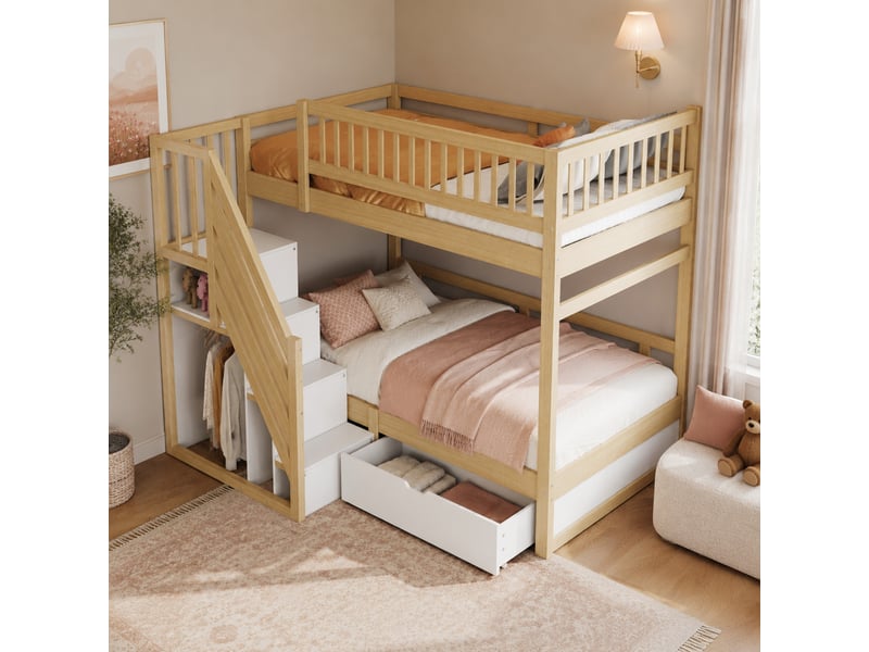  Lit superposé enfant 200×90 cm par couchage avec escalier de rangement, tiroir et barrières, en bois blanc et naturel  - Conforama B