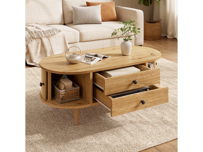  Table basse ovale avec portes coulissantes, 2 tiroirs, 100 x 50 x 40 cm, couleur chêne  - Conforama W