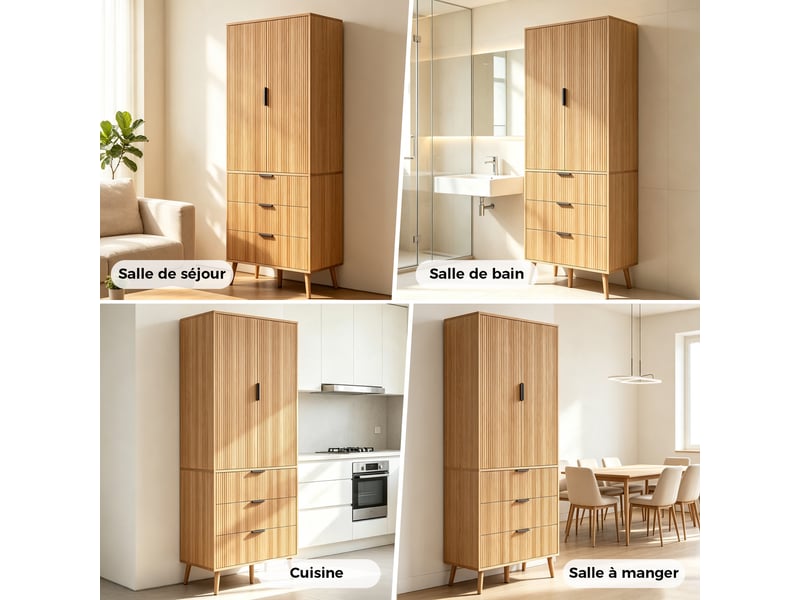  Meuble de cuisine muvano, armoire haute avec 2 portes et 3 tiroirs, 75 x 35 x 180 cm  - Conforama B