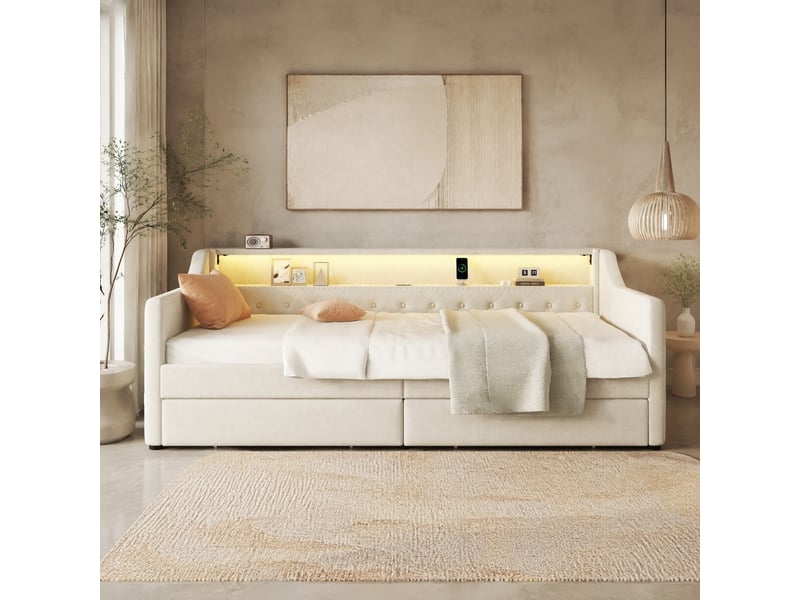  Lit banquette simple 90×200 cm usb, led réglable et 2 tiroirs  - sans matelas, lin et mdf - beige  - Conforama C