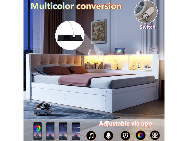  Lit de jour 140x200 lit coffre avec rangement hydraulique, lit simple blanc avec led et port usb  - Conforama D