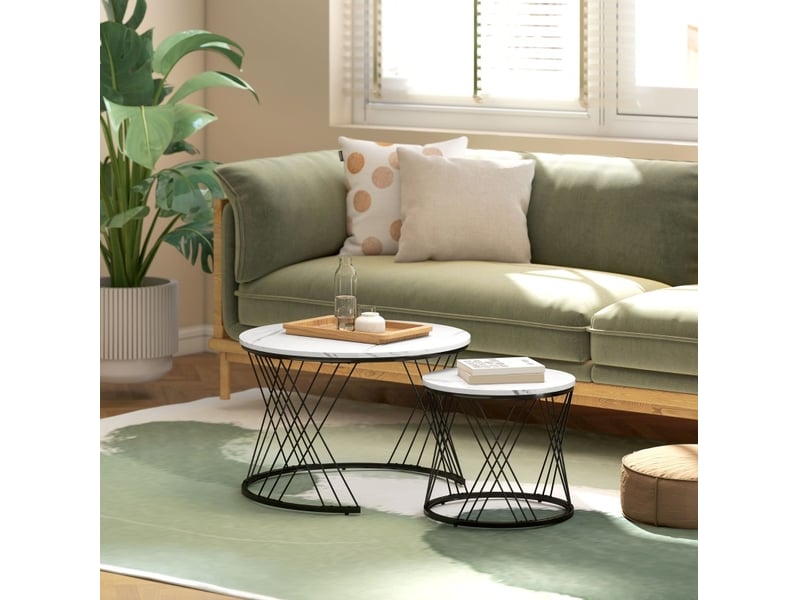  Tables basses gigognes ulevr rondes effet marbre blanc, lot de 2, ø 70 et ø 44,5 cm, panneaux de particules et métal  - Conforama E