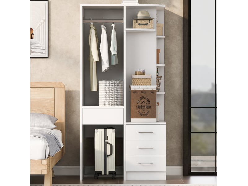  Armoire 70x55x175 cm blanche avec penderie ouverte, étagères et 3 tiroirs  - Conforama D