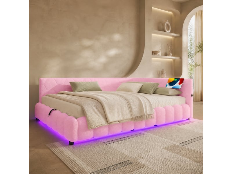  Lit banquette double 140×200 cm coffre, usb, type-c et led réglable  - sans matelas, velours - rose  - Conforama C