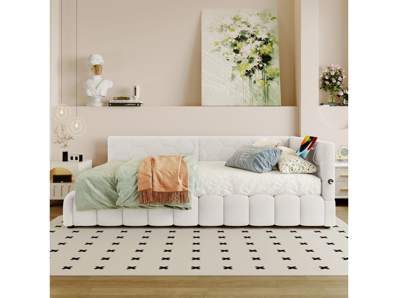  Lit de jour 90x200 cm blanc avec led, ports usb-c, coffre hydraulique et sommier à lattes - sans matelas  - Conforama B