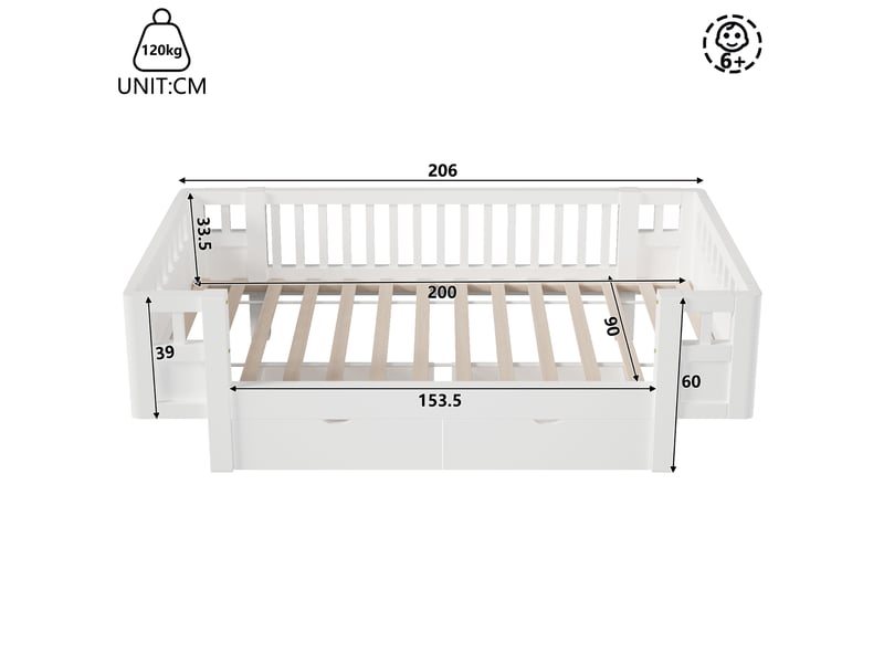  Lit enfant 90x200 cm avec barrière de protection et 2 tiroirs en bois et mdf blanc  - Conforama E