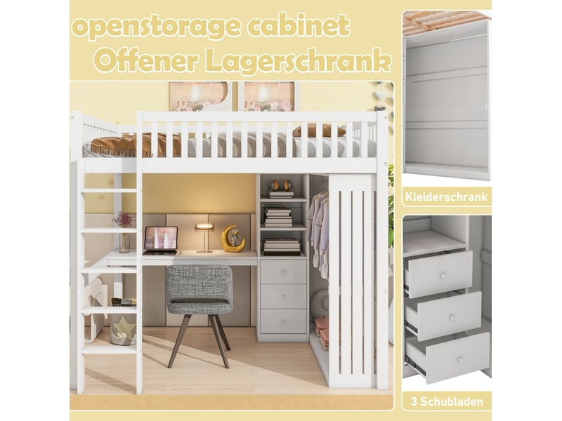  Lit mezzanine 140x200 cm avec bureau, armoire, 3 tiroirs, rangement ouvert, bois de pin et mdf, blanc sans matelas  - Conforama B