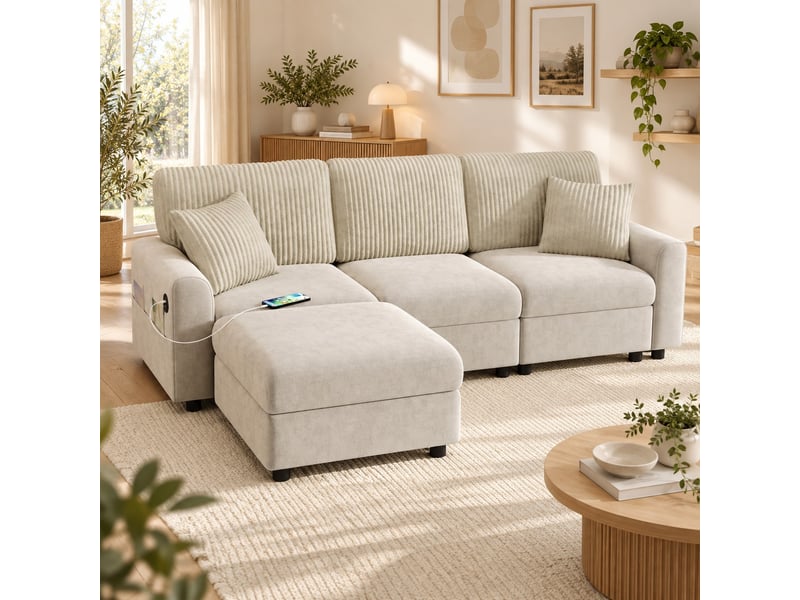 Canapé beige en chenille et velours côtelé avec pouf mobile, 2 coussins, port usb et usb-c, 223 cm - Conforama D