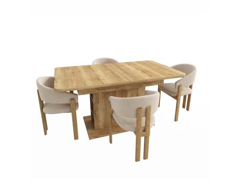  Ensemble table + 4 chaises de salle à manger, table extensible 110130 cm avec rangement, chaises métal effet bois et tissu lin, style moderne  - Conforama A