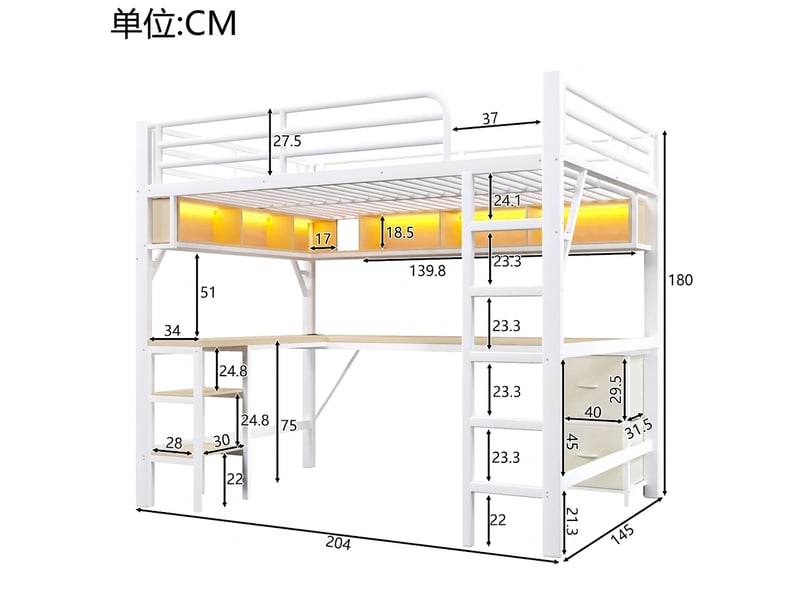  Lit mezzanine métal 140x200 gaming avec bureau, led et usb, blanc  - Conforama E