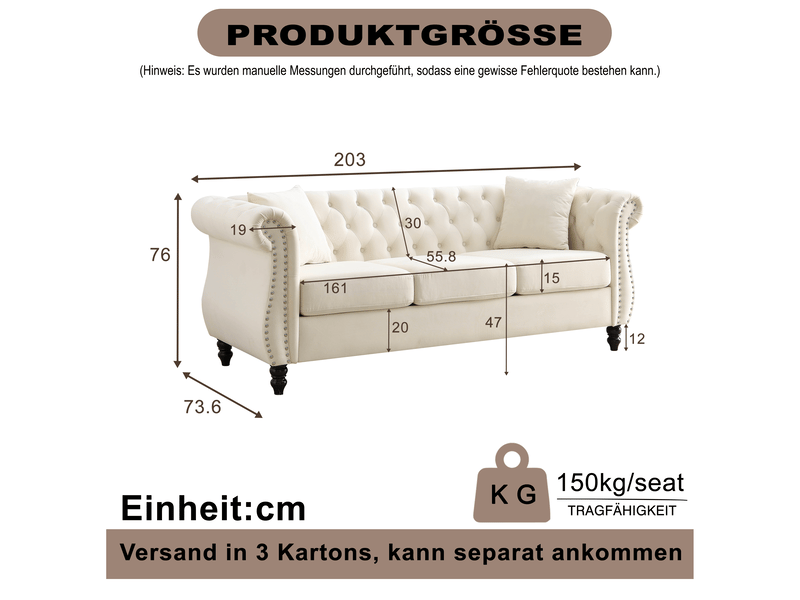 Canapé droit chesterfield 3 places en velours beige, dossier capitonné, accoudoirs arrondis, clous argentés, pieds en bois d’hévéa, assise à ressorts - Conforama D