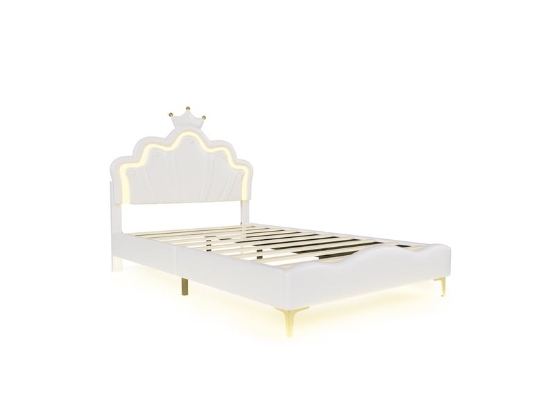  Lit enfant 2 places 140x190 cm, lit double avec tête de lit réglable couronne, led, pu blanc  - Conforama E