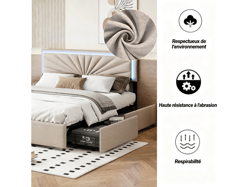  Cadre de lit adulte 160x200 cm avec tête de lit led réglable et 4 tiroirs - sommier à lattes, lin beige, structure renforcée 300 kg  - Conforama D