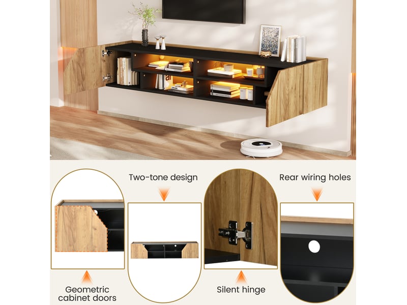  Meuble tv mural 180x36,5x40 cm, 6 rangements, led rgb bluetooth, mdf, panneaux de particules, noir et bois naturel  - Conforama D