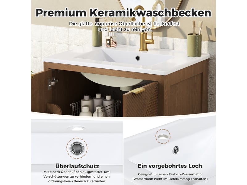  Meublede salle de bain 61 cm avec vasque céramique,61 x 47 x 87 cm,noyer,panneau mdf,porte double et tiroir à fermeture amortie  - Conforama R