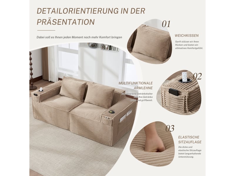  Canapé 2 places modulaire en velours côtelé, sofa avec porte-gobelets, poches de rangement et assise confortable - kaki  - Conforama D