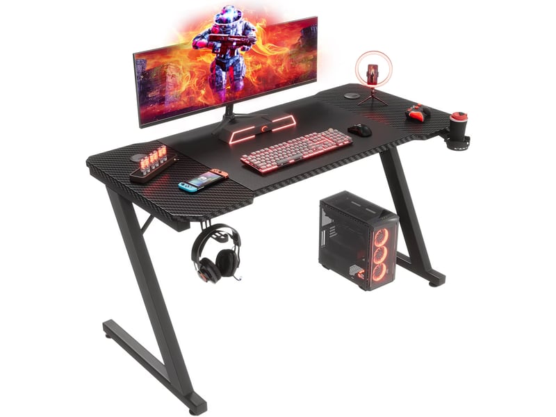  Bureau gaming 120 x 60 cm pour pc, table de jeu avec crochet casque, plateau effet fibre de carbone  - Conforama A