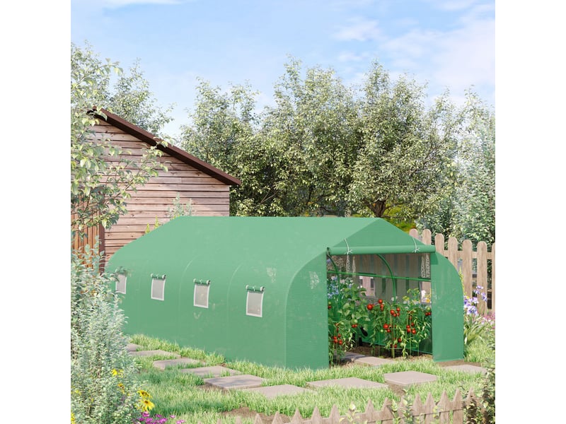 Serre d'environ 6 x 3 x 2 m, serre en aluminium avec porte enroulable, porte zippée, 8 fenêtres en filet, poteaux de support - Conforama C