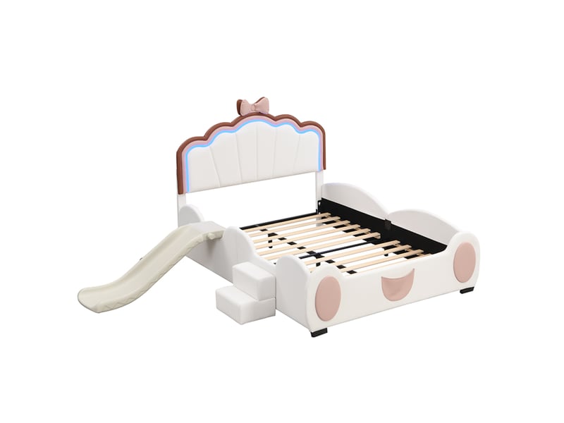  Lit enfant 140×200 cm avec toboggan et échelle, télécommande led, sans matelas, rose et blanc  - Conforama D