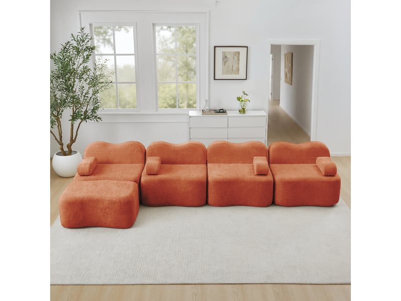 Canapé modulaire d'angle 4 places avec assise profonde et coussin d'accoudoir, en velours orange - Conforama B