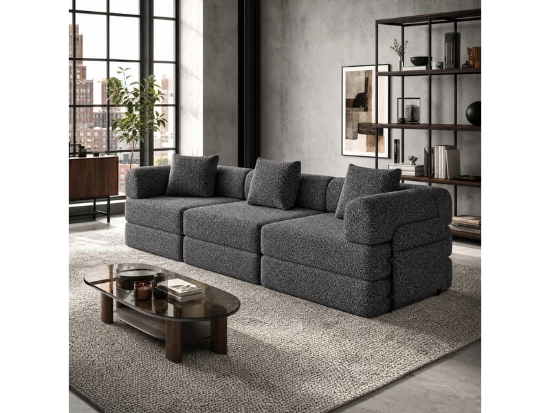 Canapé convertible 1 place modulable 2 en 1 avec rangement d'accoudoir, base antidérapante en chenille gris - Conforama B