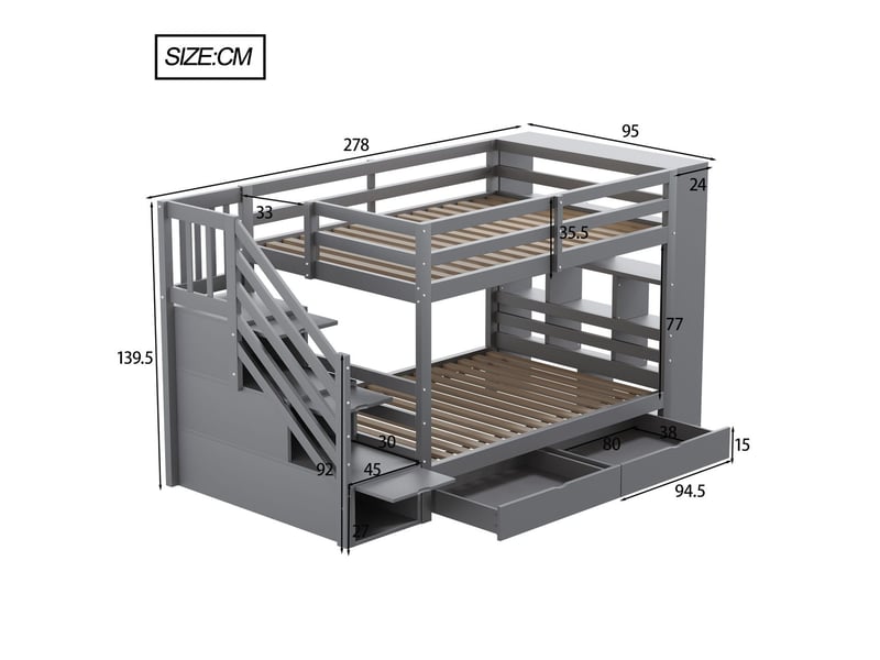  Lit superposé enfant - 90x200 cm - avec tiroirs et armoire - lit superposé - bois massif gris, escalier rangement sécurisé  - Conforama C