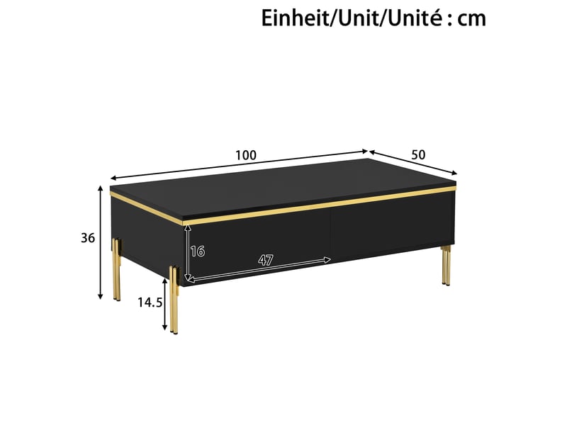 Table basse 100x50x36 cm avec 2 tiroirs sur deux côtés, pieds en métal et panneaux de particules brillants, noir et doré ABC - Conforama C