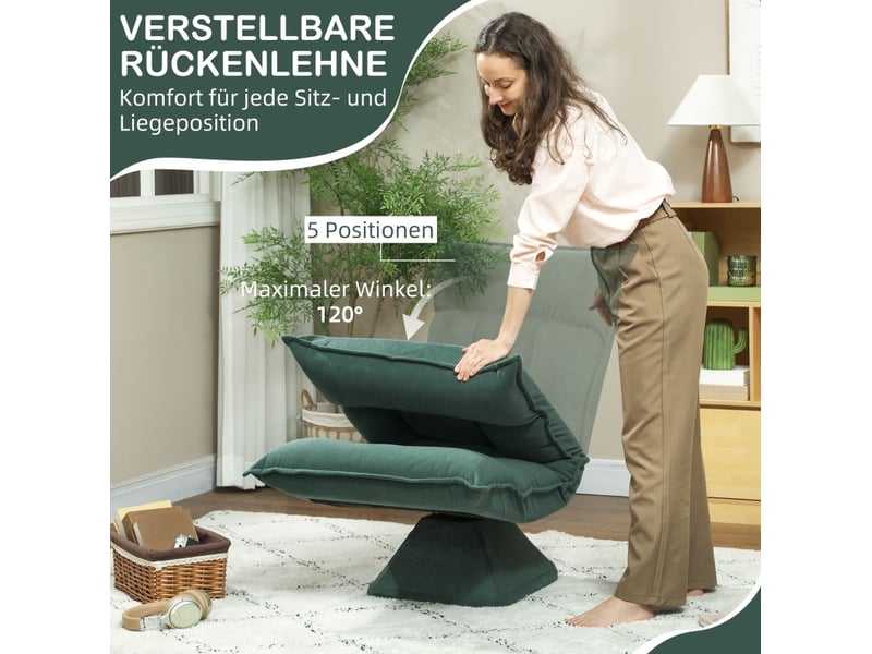  Fauteuil de sol pivotant 360° vert à dossier réglable 5 positions, pliable et rembourré pour lire et jouer  - Conforama D