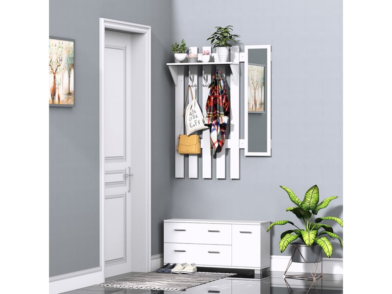  Ensemble d'entrée avec miroir, porte-manteau, étagère à chaussures, 3 crochets, étagère et 2 tiroirs, blanc  - Conforama B
