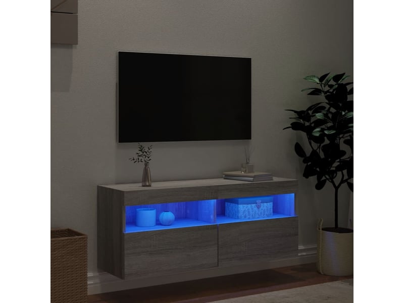  Meuble tv - banc tv - meuble de rangement mural avec lumières led sonoma gris 100x30x40 cm  - Conforama D