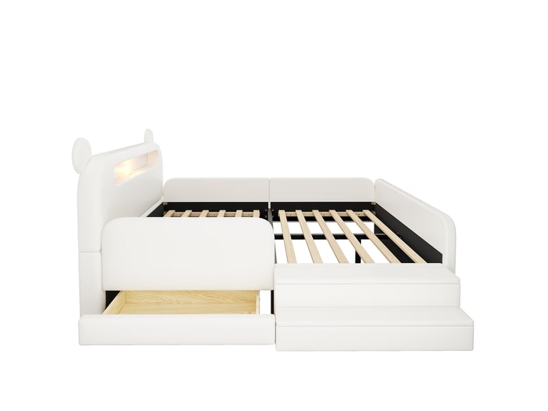 Lit enfant 140x200 cm - lit 2 places avec rangement intégré - tête de lit ours avec veilleuse et usb - similicuir - blanc - Conforama W