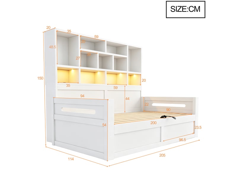 Lit coffre 90x200 cm blanc avec rangement hydraulique, led et prises - Conforama C