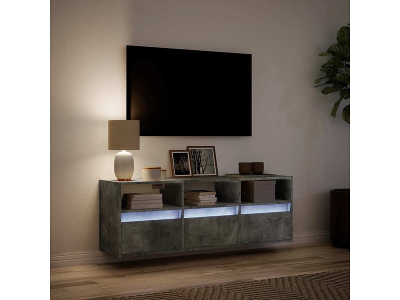  Meuble tv - banc tv - meuble de rangement mural avec lumières led gris béton 130x31x45 cm  - Conforama E