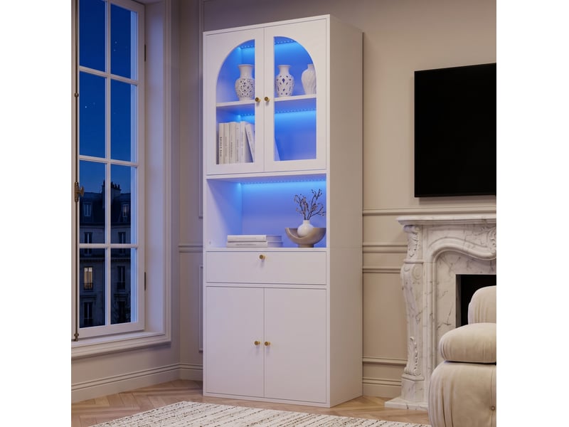 Armoire vitrée blanche 70 x 35 x 180 cm avec led rgb, tiroir et rangements - Conforama D