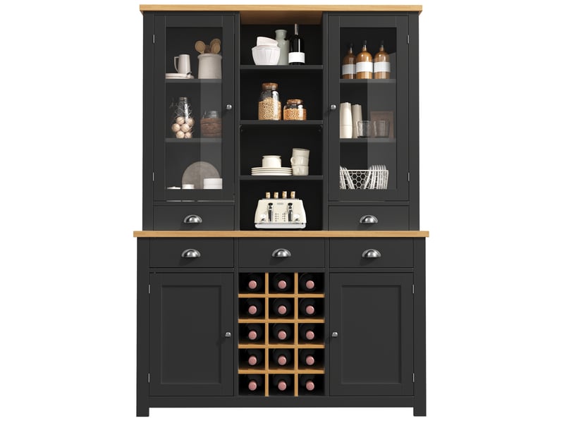 Buffet haut polyvalent avec porte en verre, fermeture soft-close, range-bouteilles amovible, noir - Conforama A