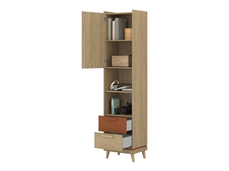  Bibliothèque noki – chêne clair et moka – 1 porte + 2 tiroirs style scandinave  - Conforama C