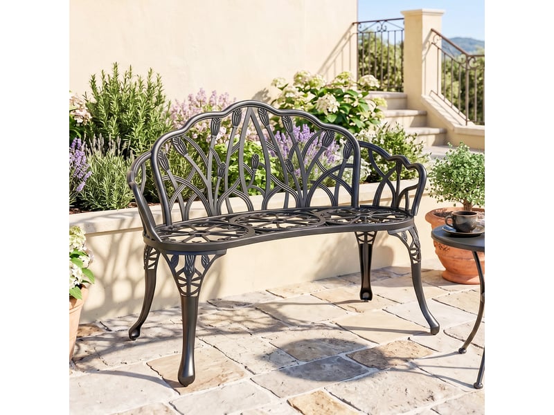  Banc de jardin 2 places, en aluminium moulé, résistant aux intempéries, avec dossier tulipe, motif floral, 99 x 57 x 78 cm  - Conforama D