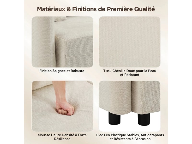 Canapé d'angle 3 places en l avec méridienne longue 144 cm - chenille douce, 2 coussins inclus - Conforama D