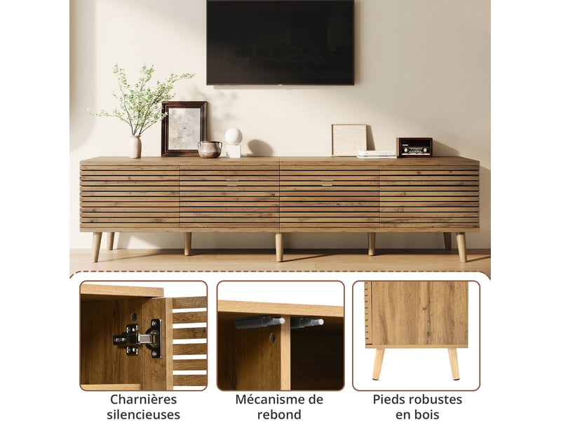  Meuble tv 180x40x46 cm, 4 portes de rangement avec passage de câbles, structure mdf et panneau de particules, naturel  - Conforama D