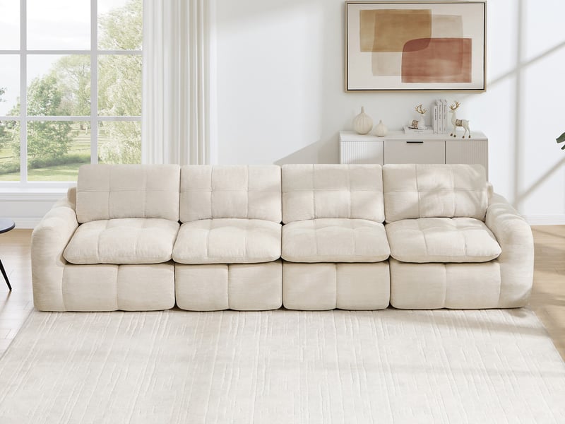  Canapé droit modulable 4 places en chenille beige, 334 cm  - Conforama B