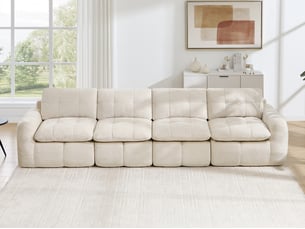 Canapé droit modulable 4 places en chenille beige, 334 cm
